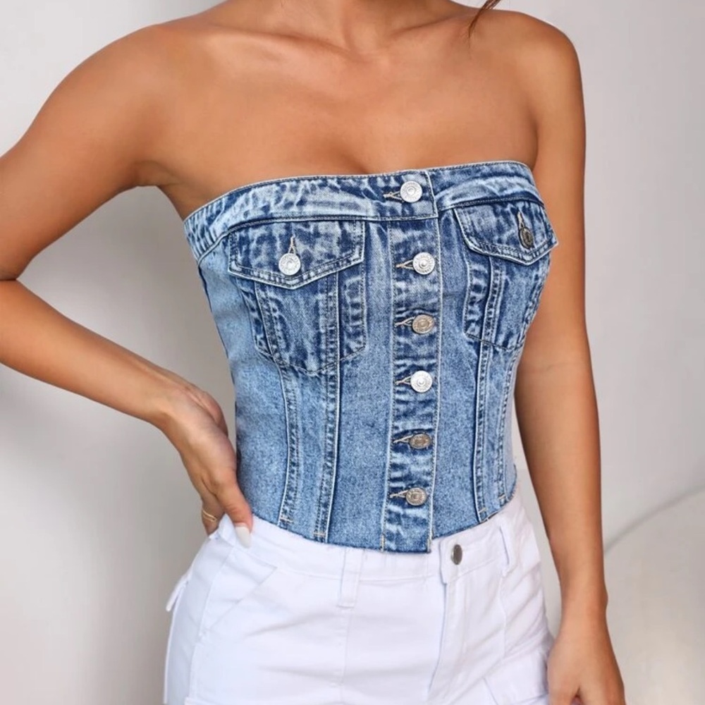 Denim Strapless Button-Up Corset Top